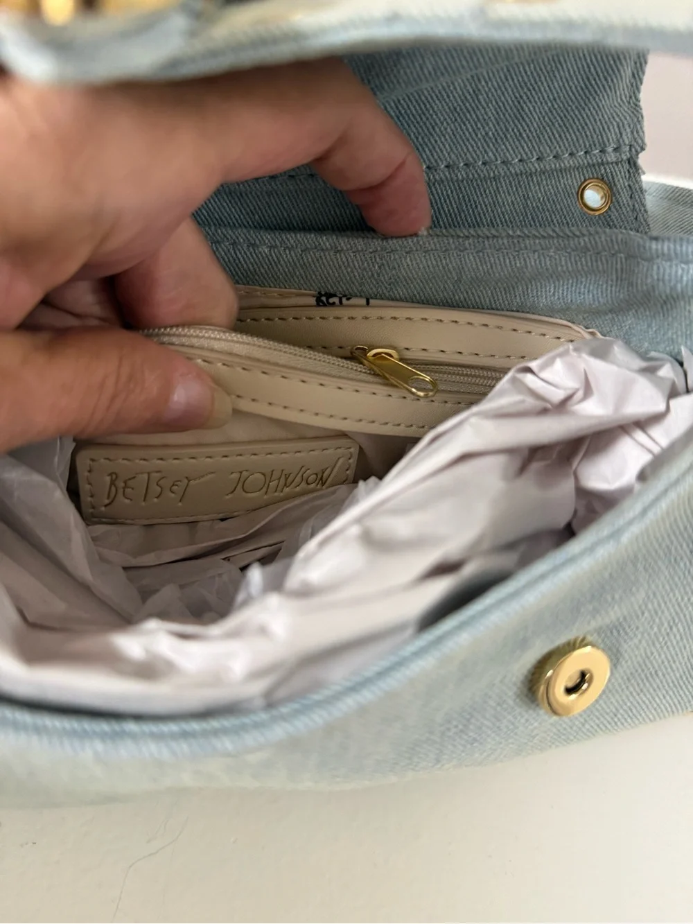 NWT Betsey Johnson Denim Shoulder Bag with Gold Buckle